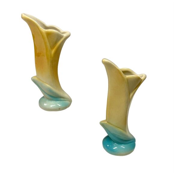 Vintage Shawnee Pottery Bud Vases Deco Yellow & Aqua Set of 2 - Picture 5 of 6